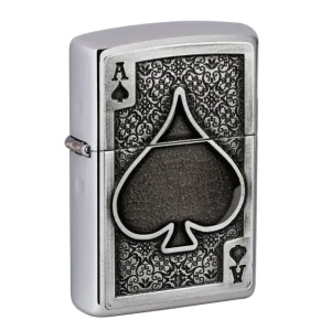Beperkte Voorraad Zippo Ace of Spades Emblem 49637-000002, Brushed Chrome, aansteker