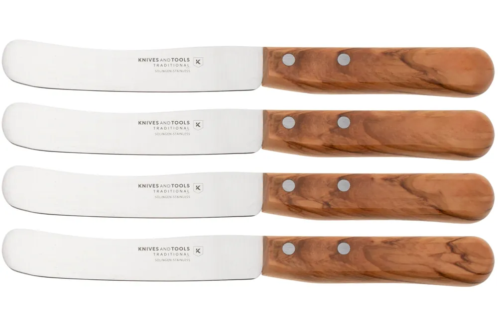 Betrouwbaar Knivesandtools Traditional Buckels, roestvast staal, olijfhout, 4-delige Buckels ontbijtmessenset